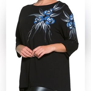 Blue Roses embellished 3/4  sleeve tunic soft breathable fabric plus sizes